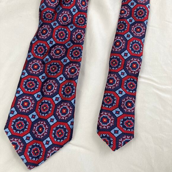 Lot of 2 Gold & Red 100% Silk Geometric Medallion Print Slim Ties Classic Length - Picture 3 of 12